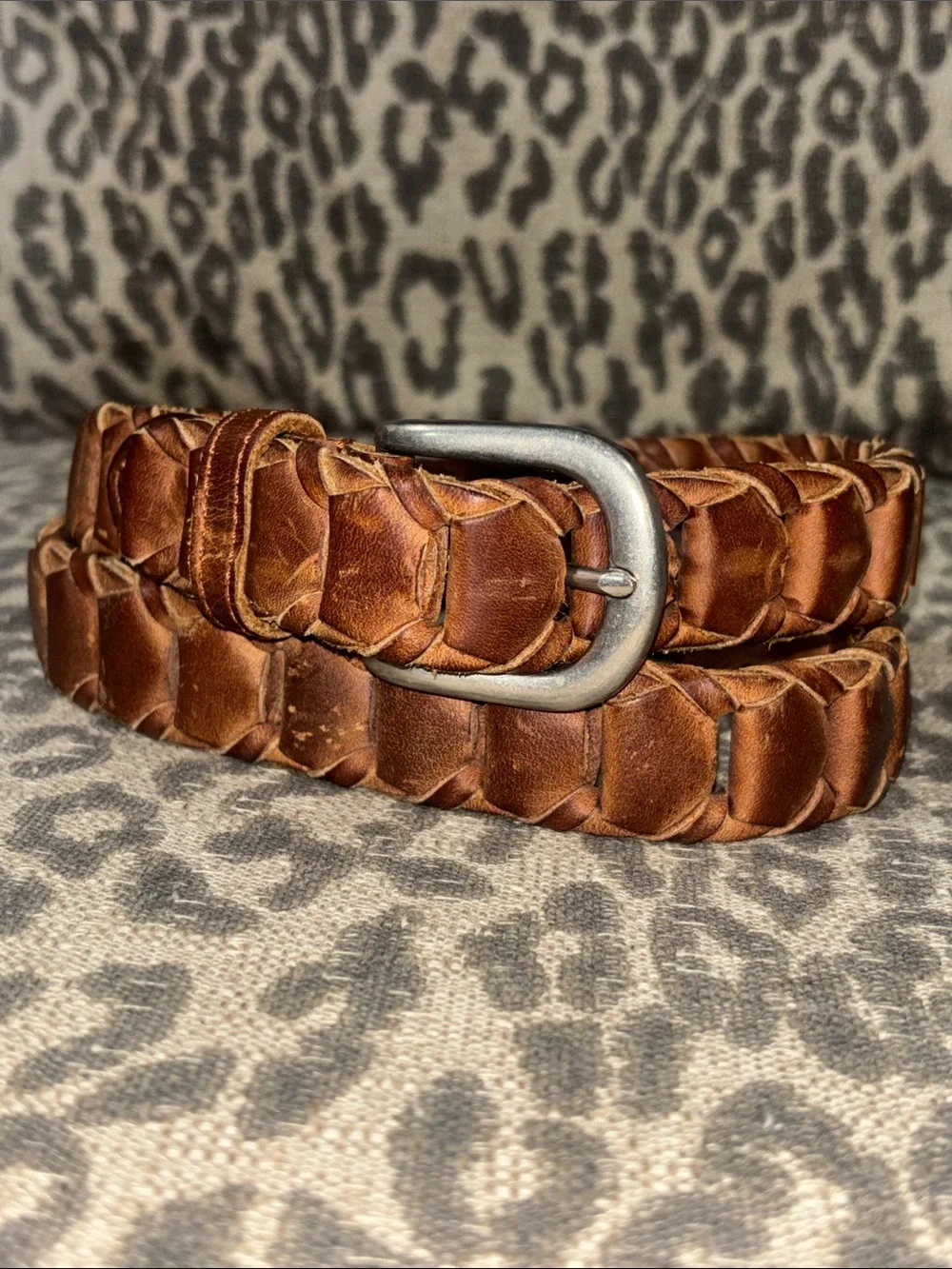 Distressed braided leather belt Argentina leather brushed nickle buckle men’s 34